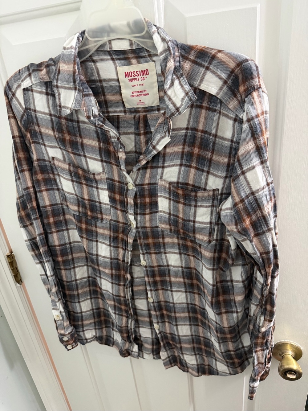 Mossimo women's Casual Plaid Button-Up Shirt in White, Gray & Brown